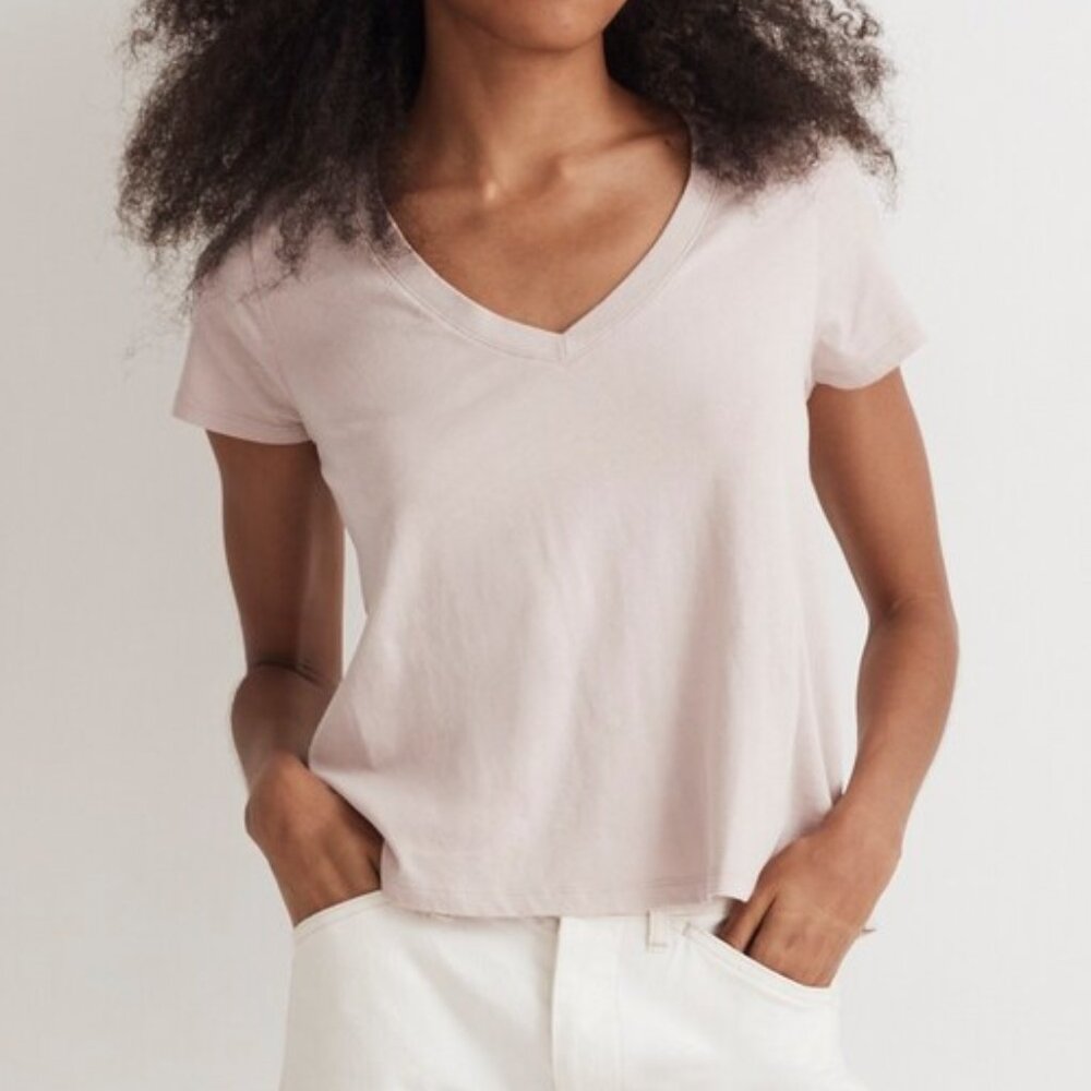 Madewell Softfade Cotton V-Neck Crop Tee - Pale Mauve - Sz L - NWT
